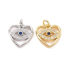 Brass Micro Pave Cubic Zirconia Charms, with Jump Ring, Heart with Evil Eye Charm
