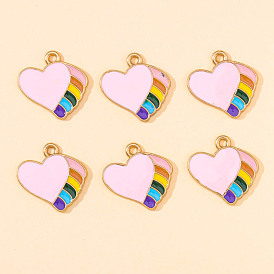 Alloy Enamel Pendants, Heart with Rainbow Charm, Golden