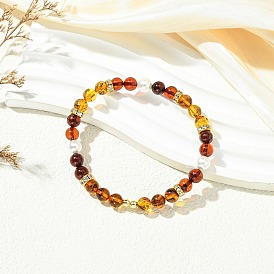 Натуральные янтарные и перламутровые круглые браслеты из бусин на эластичной основе для женщин
