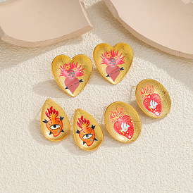 304 aretes de esmalte de acero inoxidable, patrón del sagrado corazón, real 18 k chapado en oro