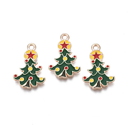 Christmas Alloy Enamel Pendants, Cadmium Free & Lead Free, Light Gold, Christmas Tree with Star