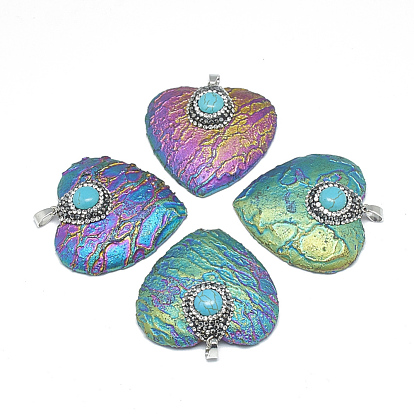 Electroplated Natural Ore Pendants, with Rhinestone, Turquoise and Brass Findings, Heart, Platinum