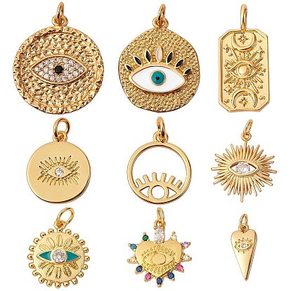 9Pcs 9 Style Brass Pendant Sets, with Cubic Zirconia, Enamel, Jump Rings, Mixed Shapes