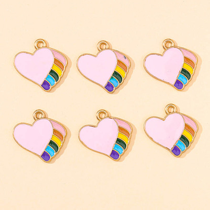 Alloy Enamel Pendants, Heart with Rainbow Charm, Golden