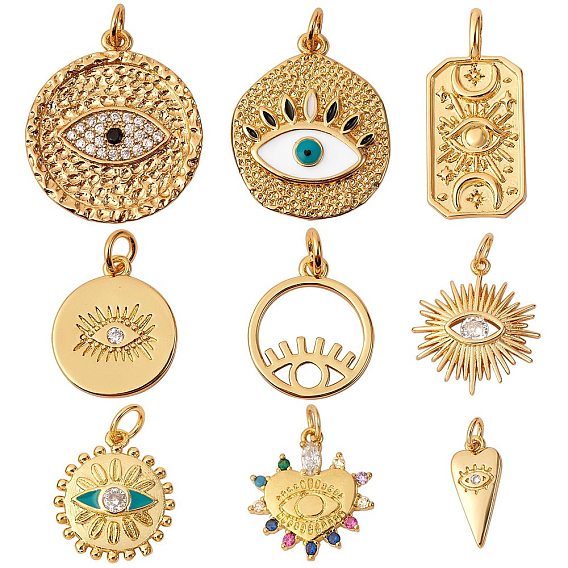 9Pcs 9 Style Brass Pendant Sets, with Cubic Zirconia, Enamel, Jump Rings, Mixed Shapes