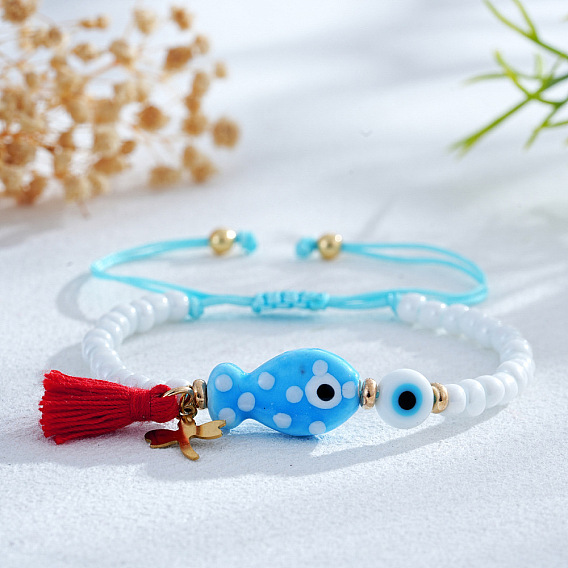 Хлопковые браслеты с кисточками и 304 браслеты с подвесками из нержавеющей стали, Браслеты из керамики и бусин, изготовленных методом лэмпворк, для женщин, рыба, сглаз и стрекоза