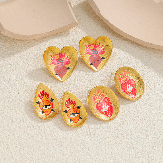304 Stainless Steel Enamel Stud Earrings, Sacred Heart Pattern, Real 18K Gold Plated