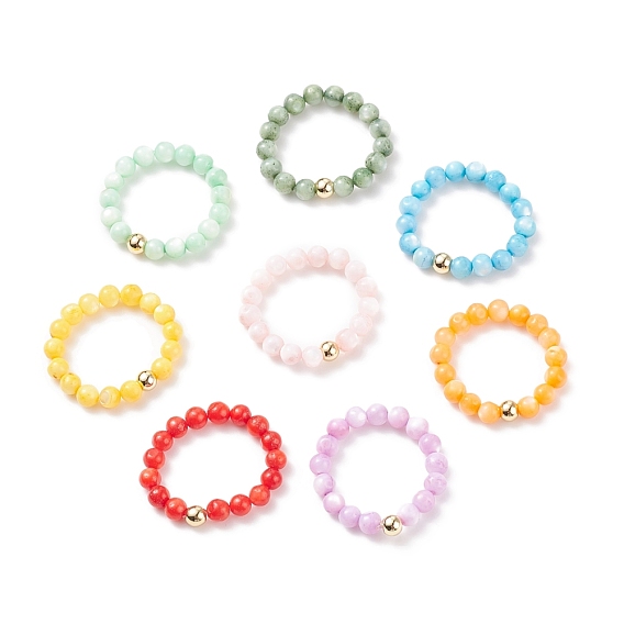 8Pcs 8 Colors Natural Shell & Brass Round Beaded Stretch Rings for Women