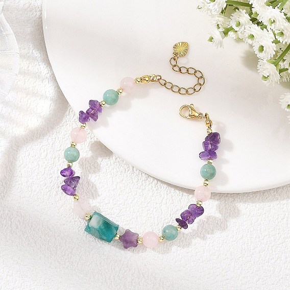 Round Natural Rose Quartz & Raw Amazonite & Chip Amethyst Beaded Bracelets for Women, Golden