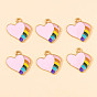Alloy Enamel Pendants, Heart with Rainbow Charm, Golden