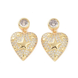 Clear Cubic Zirconia Heart with Star Dangle Stud Earrings, Brass Jewelry for Women