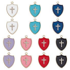 14Pcs 7 Colors Rack Plating Alloy Enamel Pendants, with Crystal Rhinestone, Cadmium Free & Nickel Free & Lead Free, Shield with Cross, Light Gold
