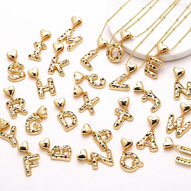 Brass Micro Pave Cubic Zirconia Pendant Necklaces, Heart with Letter, Golden