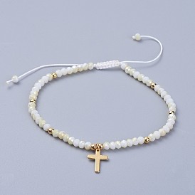 Bracelets de perles tressées en verre galvanoplastie, avec du laiton et du fil de nylon, croix