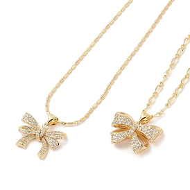 Brass Micro Pave Clear Cubic Zirconia Bowknot Pendant Necklaces for Women