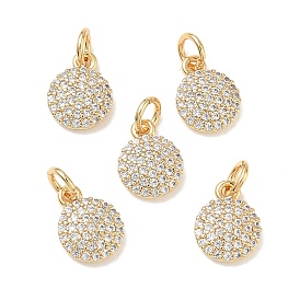 SHEGRACE Brass Clear Cubic Zirconia Charms, Flat Round Charms, Cadmium Free & Lead Free & Nickel Free
