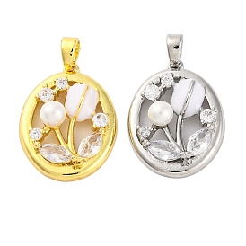 Brass Micro Pave Cubic Zirconia Pendants, with Plastic Pearl and Enamel,  Oval with Flower