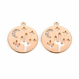 Brass Micro Pave Clear Cubic Zirconia Pendants, Nickel Free, Flat Round