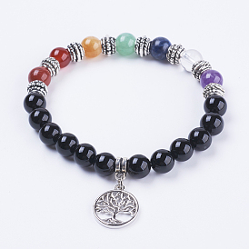 Natural Black Agate Stretch Bracelets, with Mixed Stone, Alloy Findings and Brass Pendants, Flat Round with Tree of Life