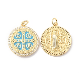 Rack Plating Brass Pendants, with Enamel, Long-Lasting Plated, Real 18K Gold Plated, Cadmium Free & Lead Free, Flat Round, Cross with Cssml Ndsmd Cross God Father Religious Christianity