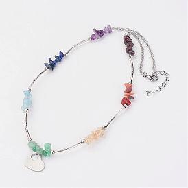 304 inoxydable pendentifs coeur en acier, avec des morceaux de pierres fines, Perles de tubes en laiton et 304 agrafes de griffes en homard en acier inoxydable