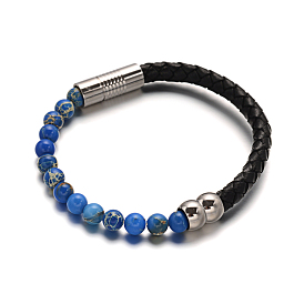  Bracelets de cordon en cuir, avec des perles synthétiques en régalite / jaspe impérial / jaspe des sédiments marins et fermoirs magnétiques en acier inoxydable 304, 51x63mm