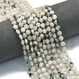 Бусины из натурального радужного лунного камня, с бисером, граненый ромб, плоско-круглые