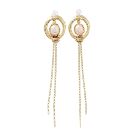 Natural Pearl Tassel Stud Earrings, with Brass Findings and 925 Sterling Silver Pins, Round