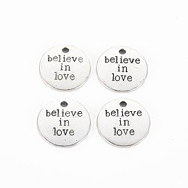 Pendentifs en alliage de style tibétain, sans cadmium et sans plomb, rond et plat avec le mot croient en l'amour