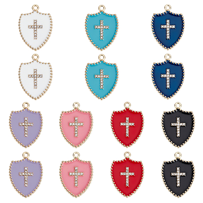14Pcs 7 Colors Rack Plating Alloy Enamel Pendants, with Crystal Rhinestone, Cadmium Free & Nickel Free & Lead Free, Shield with Cross, Light Gold
