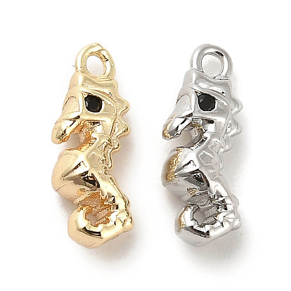 Brass Micro Pave Black Cubic Zirconia Charms, Cadmium Free & Nickel Free & Lead Free, Sea Horse
