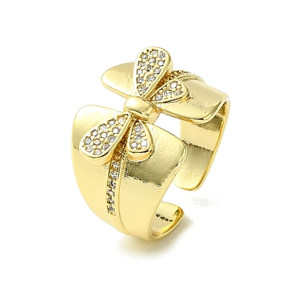 Brass Micro Pave Cubic Zirconia Open Cuff Rings, Cadmium Free & Lead Free, Bowknot