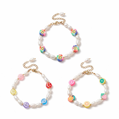 3Pcs 3 Style Natural Pearl & Polymer Clay Beaded Bracelets Set, Smiling Face & Sunflower & Fruit Stackable Bracelets for Women