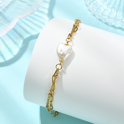 304 Браслеты из двух слоев: цепочка из нержавеющей стали и цепочка из скрепки., Браслеты из натурального жемчуга кеши в форме сердца для женщин