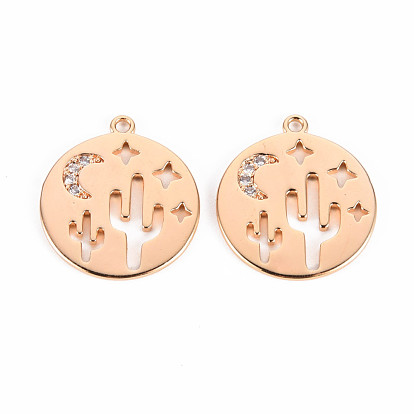 Brass Micro Pave Clear Cubic Zirconia Pendants, Nickel Free, Flat Round