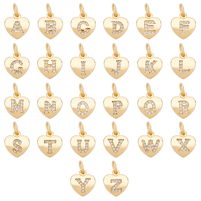 26 Dijes de circonitas cúbicas transparentes con micropavé de latón y letras, con anillo de salto, corazón con la letra, real 16 k chapado en oro, sin níquel