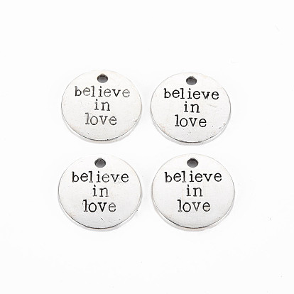 Pendentifs en alliage de style tibétain, sans cadmium et sans plomb, rond et plat avec le mot croient en l'amour