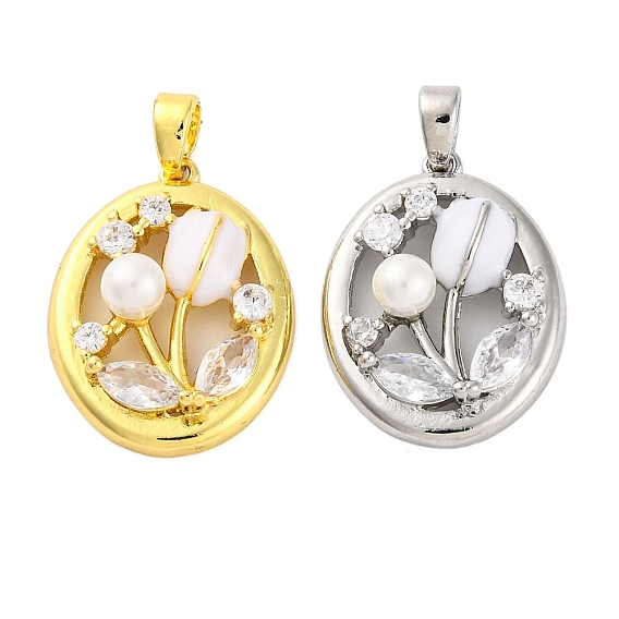 Латунные микро проложить кубического циркония подвески, с пластиковым жемчугом и эмалью, овальные с цветком