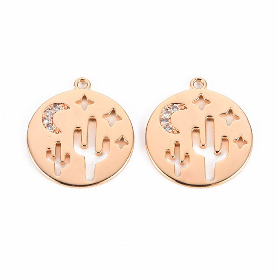 Brass Micro Pave Clear Cubic Zirconia Pendants, Nickel Free, Flat Round