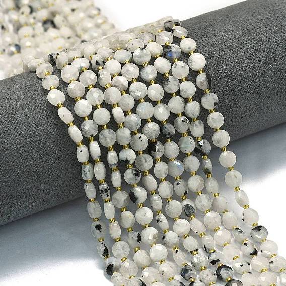 Бусины из натурального радужного лунного камня, с бисером, граненый ромб, плоско-круглые