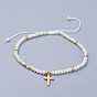 Electroplate Glass Braided Beads Bracelets, with Brass Findings and Nylon Thread, Cross