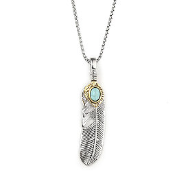 201 Stainless Steel Chain, Zinc Alloy and Rhinestone Pendant Necklaces, Feather, Synthetic Turquoise