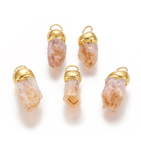 Raw Rough Natural Citrine Pendants, with Golden Plated Brass Findings, Nuggets