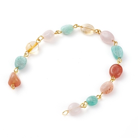 Handmade Natural Mixed Gemstone Beads Chains, with Brass Eye Pin, Unwelded, Golden