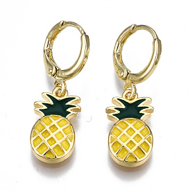Серьги-кольца Huggie из латуни с эмалью, без никеля , ананас, реальный 16 k позолоченный
