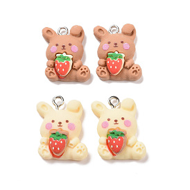 Opaque Resin Pendants, with Platinum Tone Iron Loops, Rabbit with Strawberry Charm