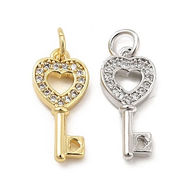 Brass Micro Pave Clear Cubic Zirconia Pendants, with Jump Ring, Heart Key Charm