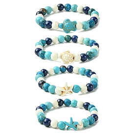 Summer Beach Turtle/Starfish Dyed Synthetic Turquoise Bracelets, 8mm Round Gemstone Beaded Stretch Bracelets