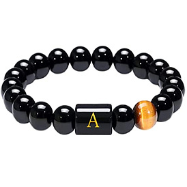 Natural Tiger Eye and Black Agate Couple Bracelets - 26 Alphabet Beads, 8mm/10mm Stones
