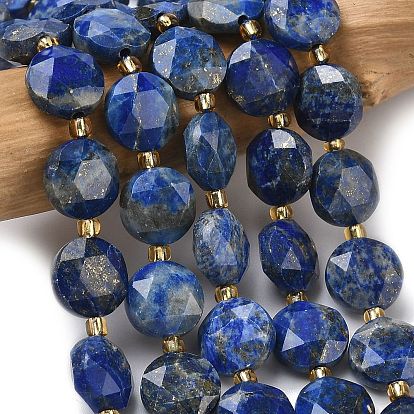 Нитки бусины из натурального ляписа-лазури, граненый шестиугольный разрез, плоско-круглые, с бисером